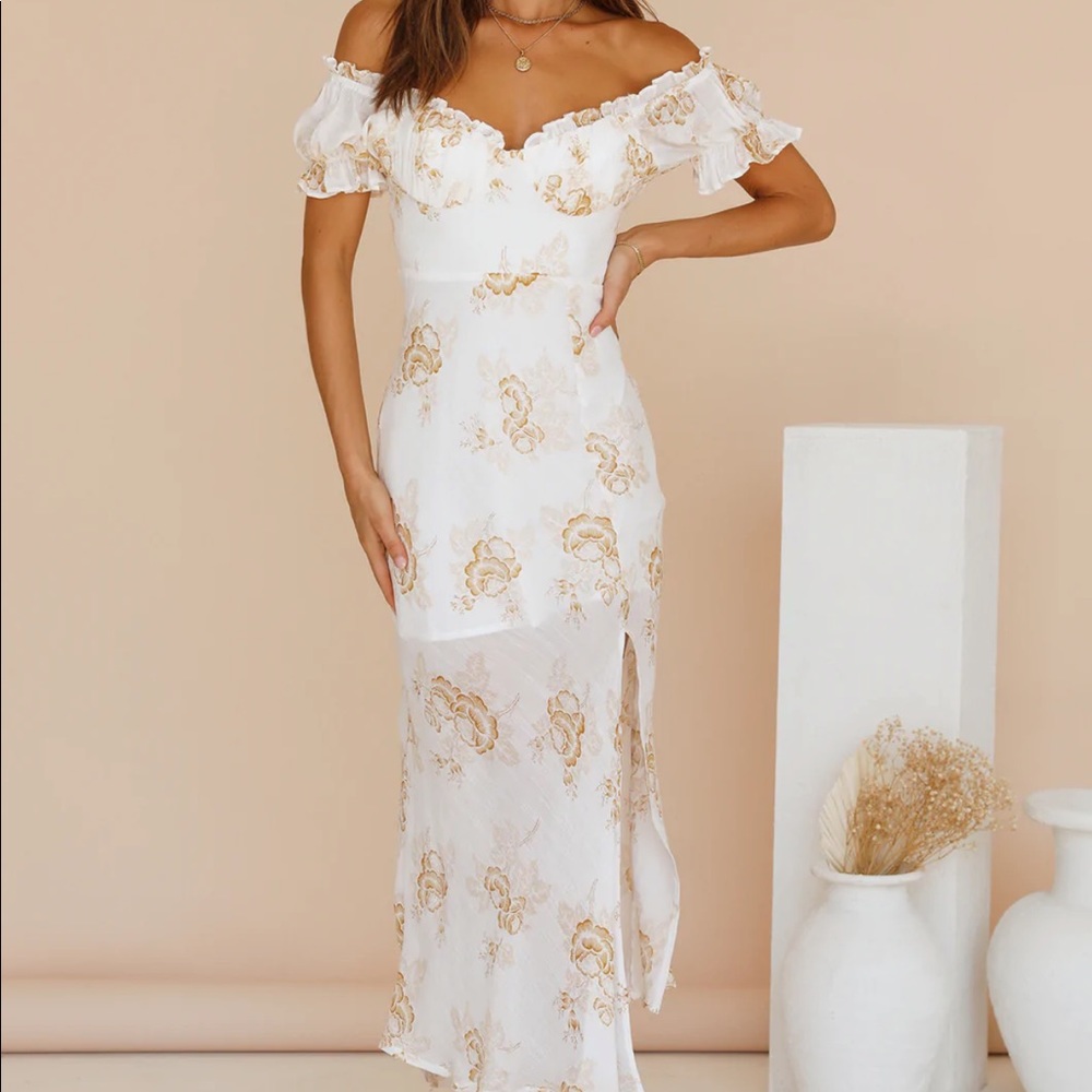 Fortunate One “Hear this Song” Maxi Dress.  NWT.  Sheer overlay with slit.